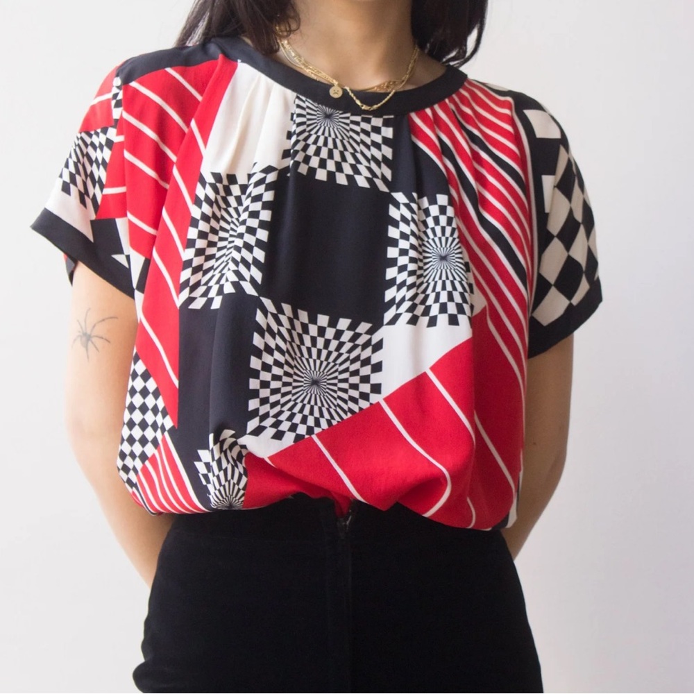 Used 1980s ESCADA Psychedelic Checkerboard
Motif Silk Blouse